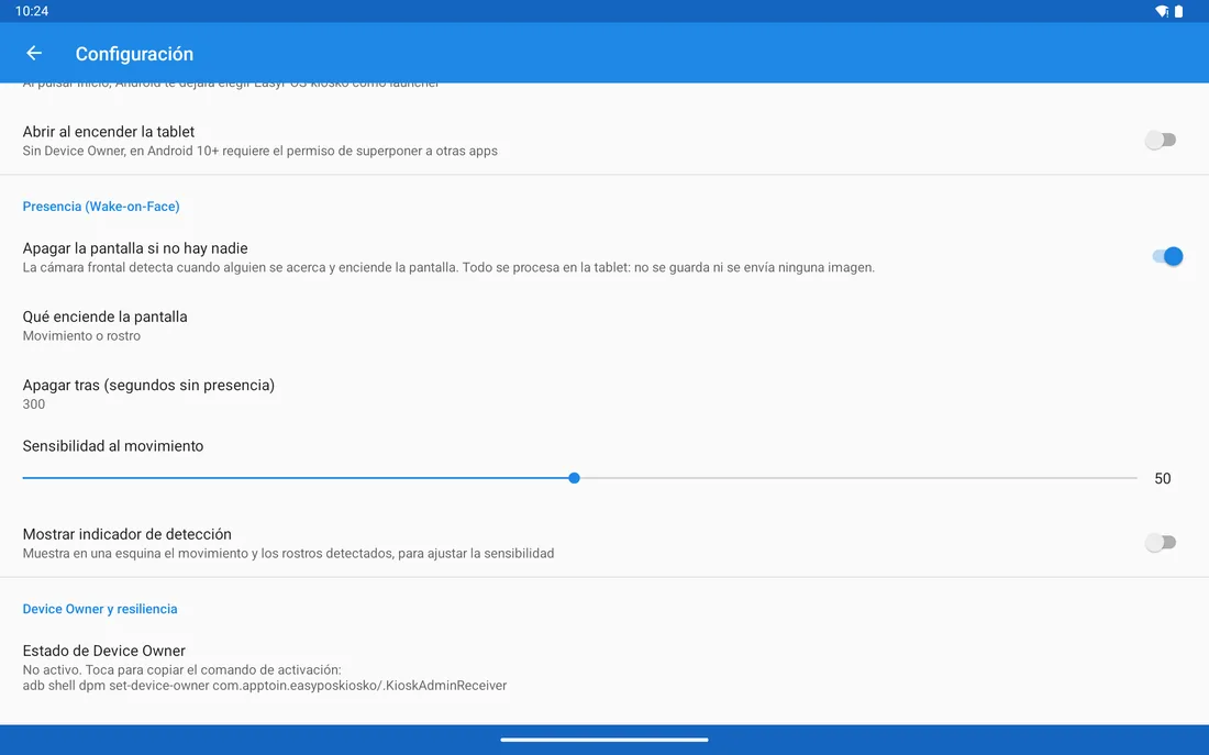 Menú de configuración con las opciones de detección de presencia